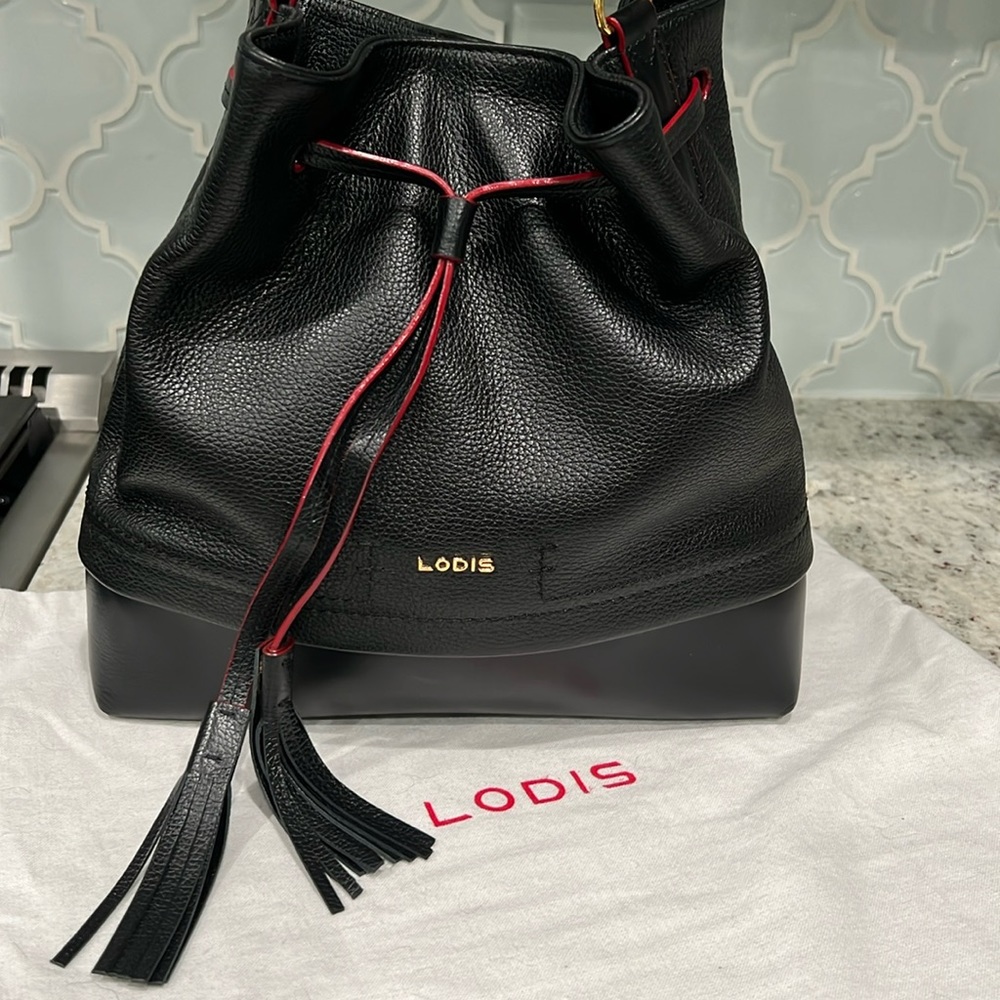 LODIS crossbody handbag. Black leather w/red trim paint.Excellent used condition